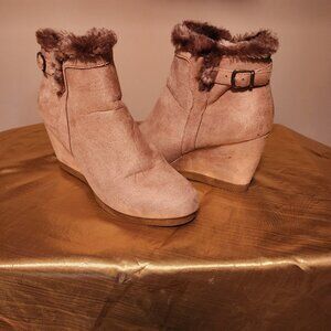 Wedge faux fur suede booties